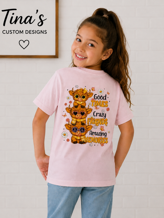 Good Times, Crazy Friends, Amazing Memories – Youth Highland Cow Graphic T-Shirt